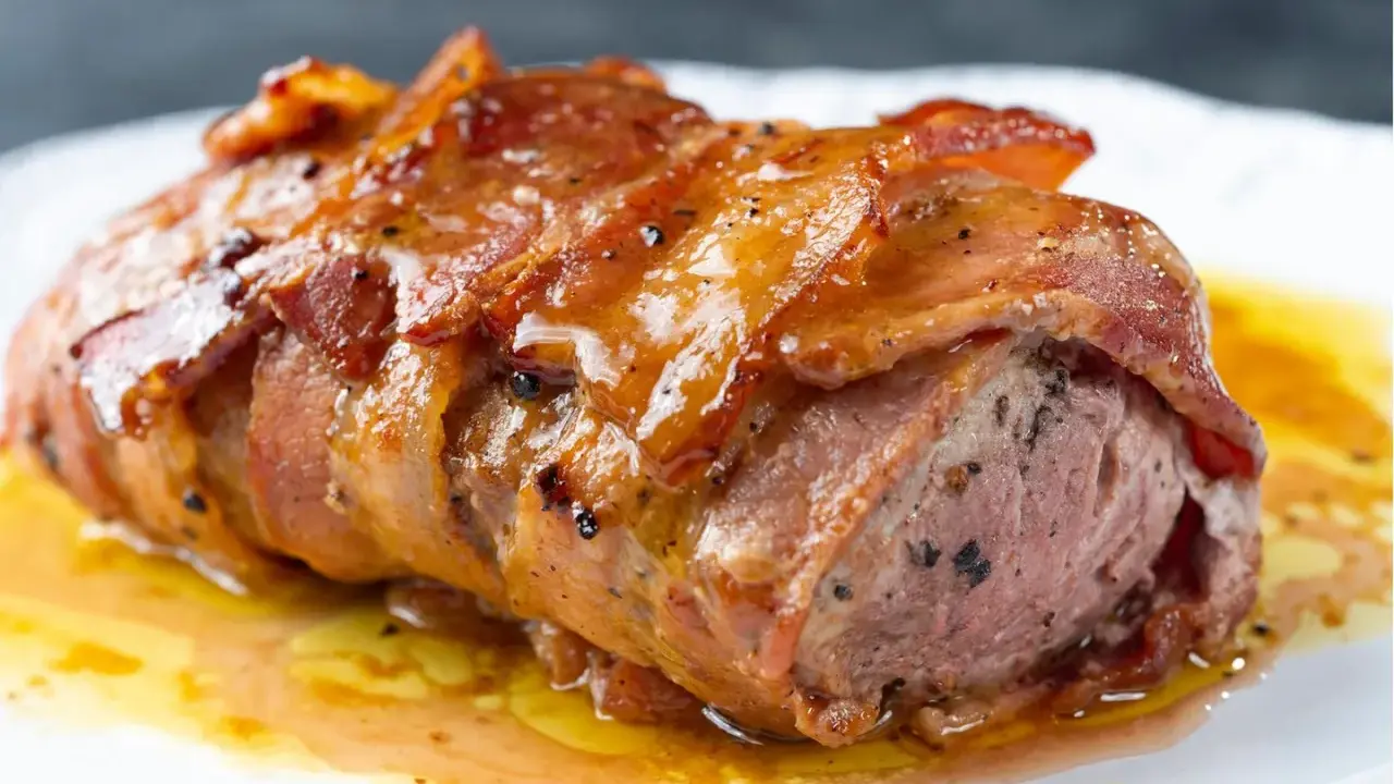Saftiges Schweinefilet im Speckmantel, glasiert und mit Pfeffer bestreut, ruht in einer köstlichen Sauce auf einem weißen Teller.