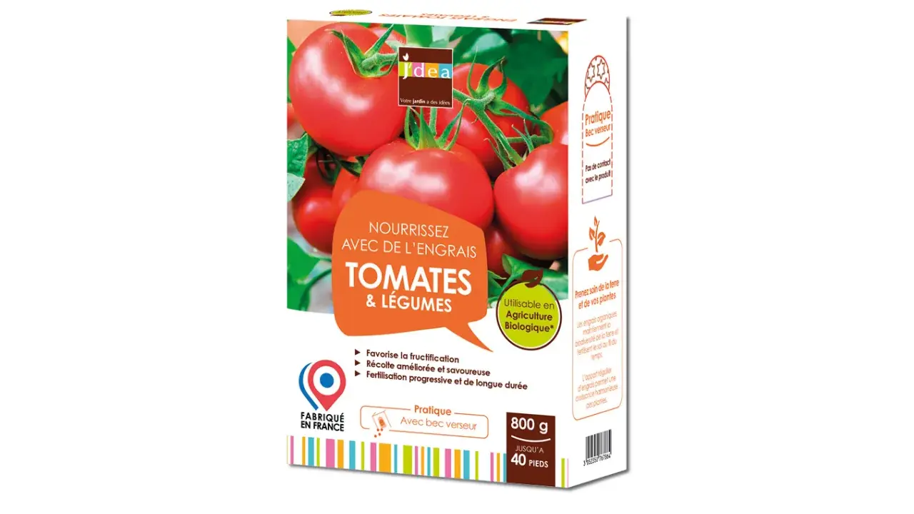 Engrais pour tomates et légumes, favorise la fructification et une récolte savoureuse. Fabriqué en France.