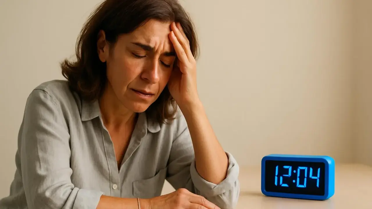 Donna con mano sulla fronte, espressione di sofferenza e senso di instabilità e sbandamento. Orologio digitale segna 12:04.