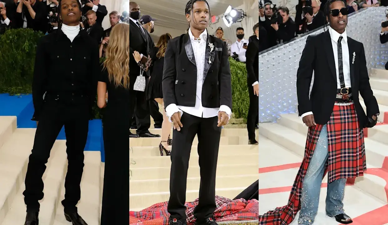 ASAP Rocky Met Gala looks showcase bold fashion choices, from all-black ensembles to a striking kilt over embellished jeans.