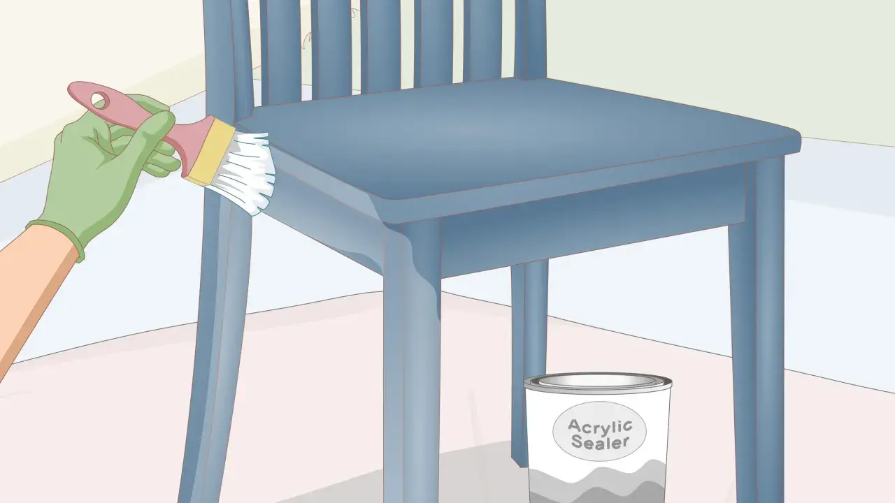 Pintando una silla de madera azul con un pincel. Un bote de sellador acrílico está al lado. Aprende como pintar sillas de madera estilo vintage.