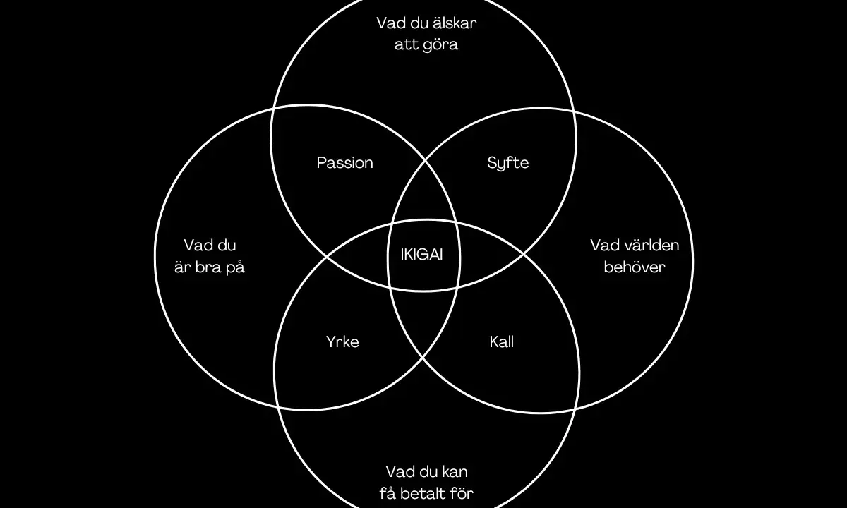 Diagrammet visar Ikigai, en japansk modell för att finna mening. Det hjälper till att uppnå högre medvetenhet genom att kombinera passion, yrke, kall och vad världen behöver.