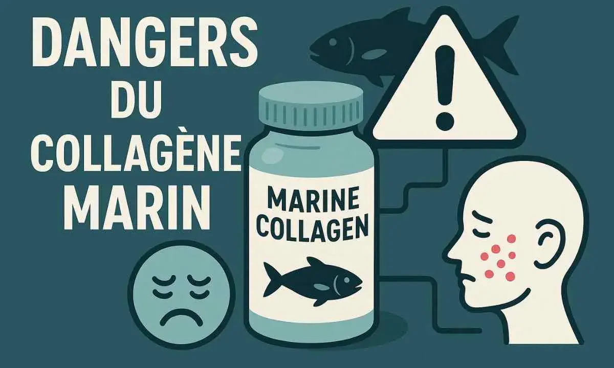 Illustration des dangers du collagène marin : une peau irritée, un visage triste et un avertissement.