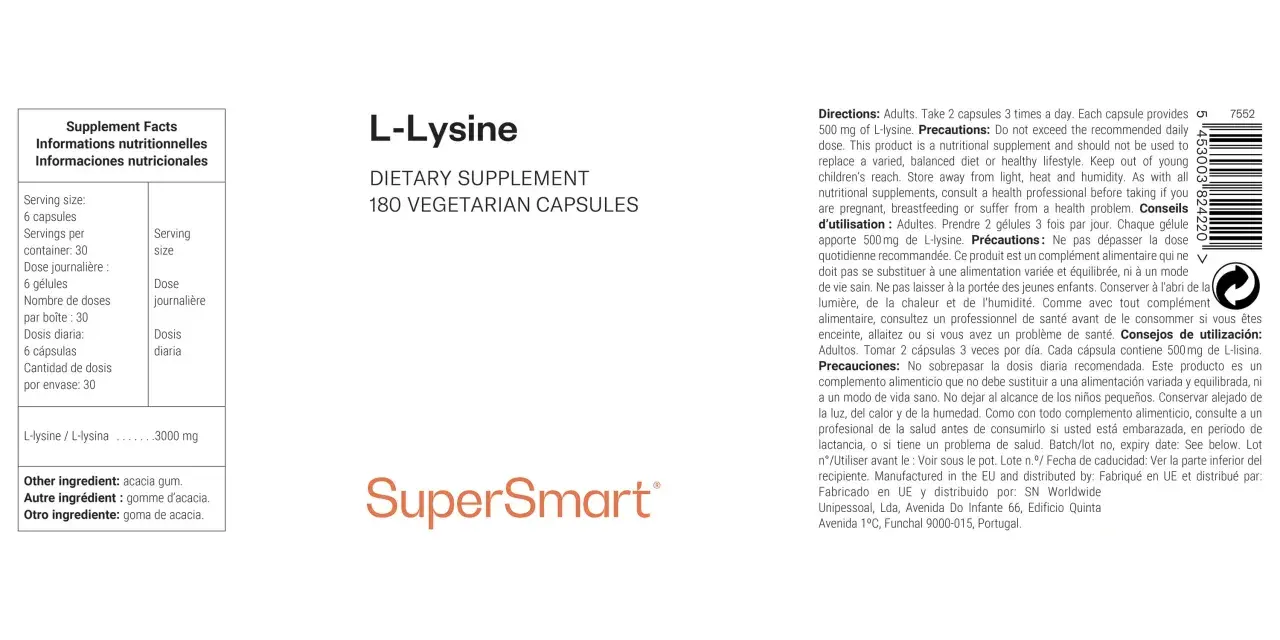 Complément alimentaire L-Lysine, 180 gélules végétariennes. Chaque gélule apporte 500 mg de L-lysine.