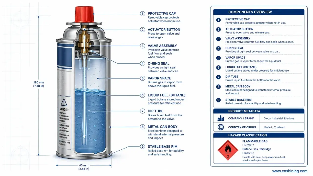 Diagrama de un cartucho de gas butano, mostrando sus componentes internos y externos. Explica los tipos de reguladores y su funcionamiento.
