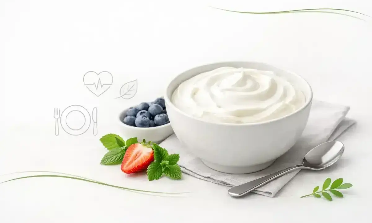 Czy skyr jest zdrowy? Kremowy jogurt, jagody, truskawka i mięta na białym tle. Obok ikony serca i talerza.