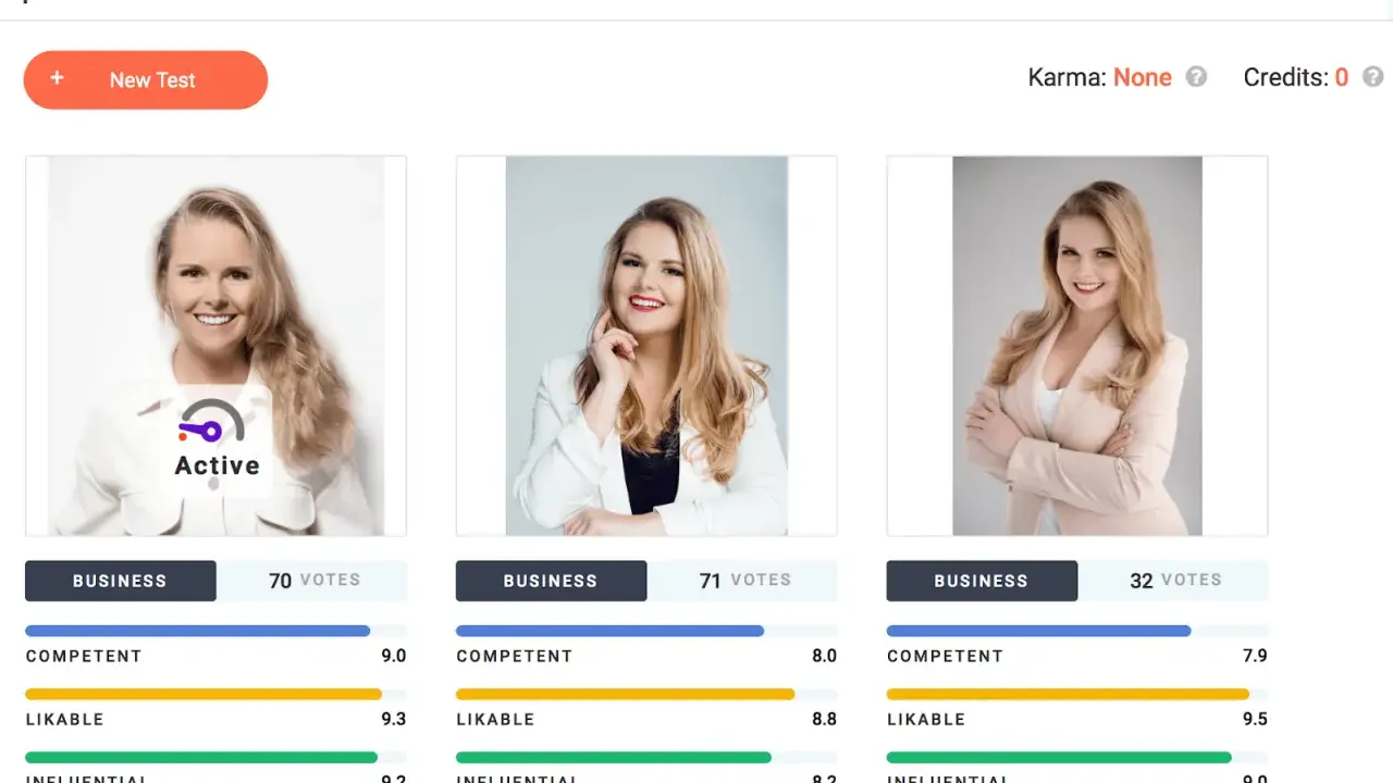 Trzy kobiety w biznesowych stylizacjach, oceniane na Photofeeler. Pierwsza z nich ma "zajebiste profilowe" i wynik 9.3 w kategorii "Likable".