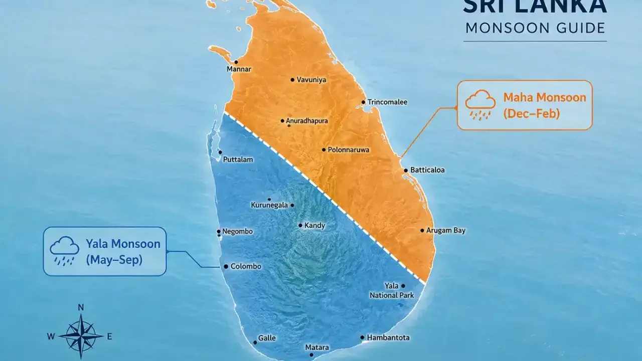 Mapa Sri Lanki z podziałem na Yala Monsoon (maj-wrzesień) i Maha Monsoon (grudzień-luty). Pogoda we wrześniu na Sri Lance jest deszczowa na południu i zachodzie.