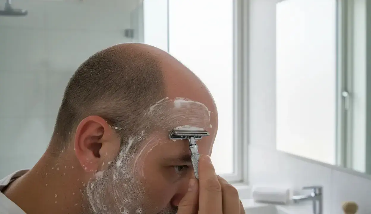 Mann rasiert sich die Glatze mit einem Rasierhobel und Rasierschaum im Badezimmer.