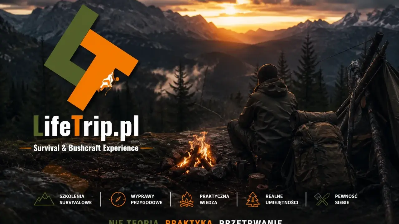 Człowiek siedzi przy ognisku w górach, ucząc się zasad survivalu. LifeTrip.pl - praktyka przetrwania.