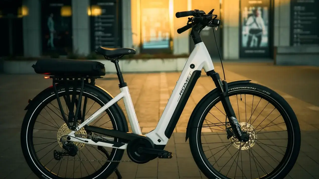 Biały rower elektryczny Romet z bagażnikiem i sakwą, gotowy na rower elektryczny duży zasięg.