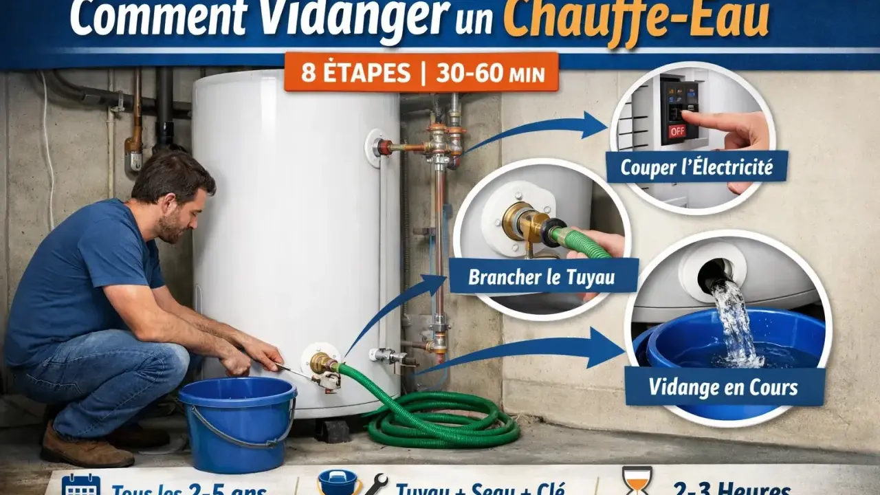 Un homme raccorde un tuyau à un chauffe-eau pour le vider. Les étapes incluent couper l'électricité, brancher le tuyau et la vidange en cours.
