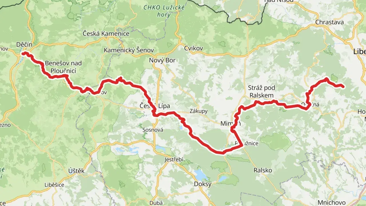 Mapa z trasami rowerowymi w Czechach, od Děčína przez Czeską Szwajcarię i Kokořínsko.