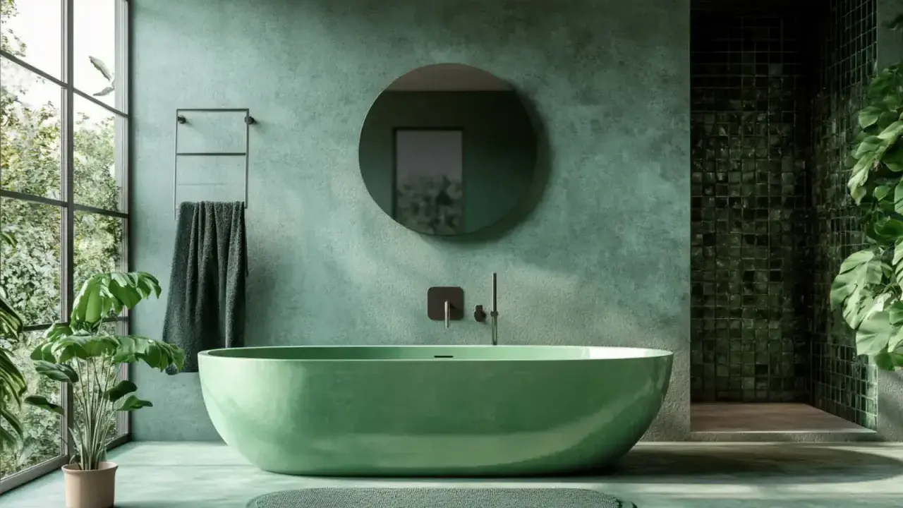 Un rilassante bagno verde con vasca ovale, piante rigogliose e una grande finestra che si affaccia sul verde.