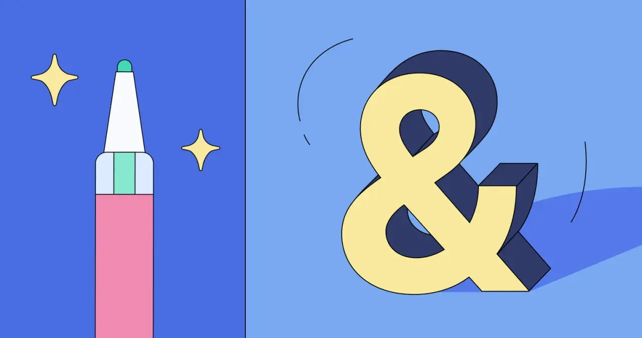 Różowy pisak i żółty znak ampersand (&) na niebieskim tle.