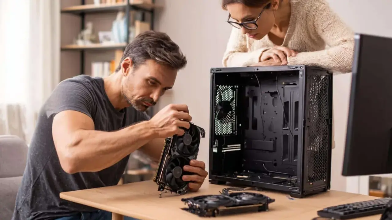 Un homme et une femme assemblent un PC. Il tient une carte graphique, un élément clé pour savoir comment choisir sa carte graphique.