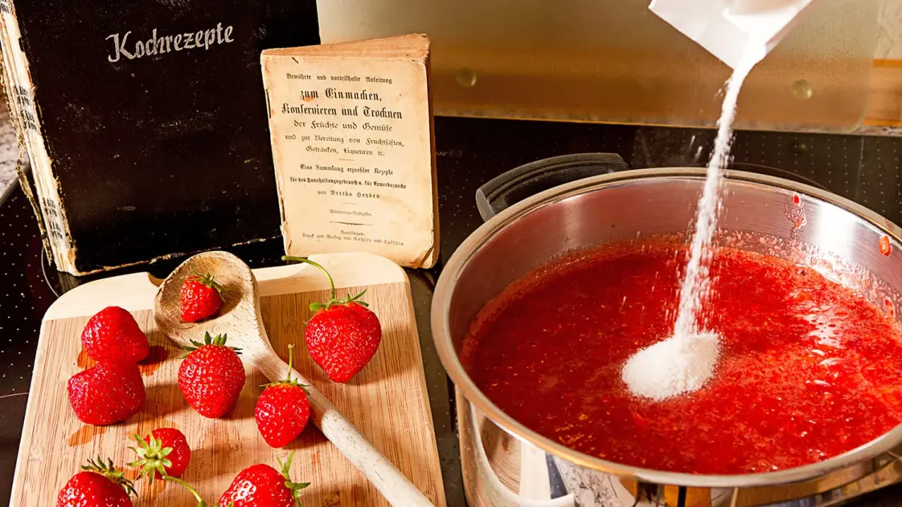 Zucker wird zu Erdbeeren in einem Topf gegeben, um zu erfahren, wann wird Marmelade fest. Alte Kochbücher liegen daneben.