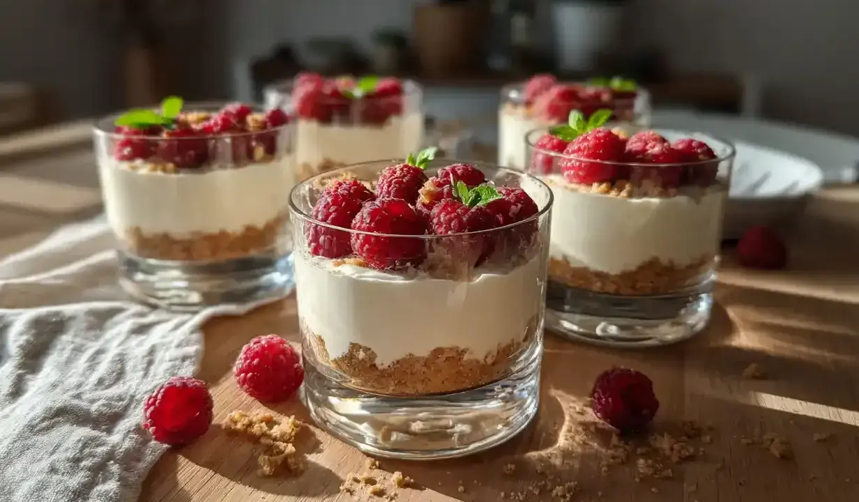 Fluffig cheesecake i glas med krossade digestivekex och färska hallon. En perfekt sommardessert!