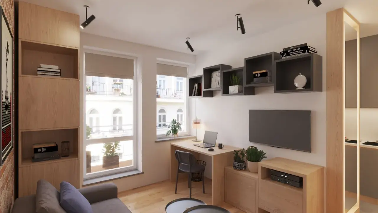 Nowoczesne oświetlenie salonu i aranżacje: sofa, biurko z laptopem, TV, regały i drewniane meble tworzą przytulną przestrzeń.