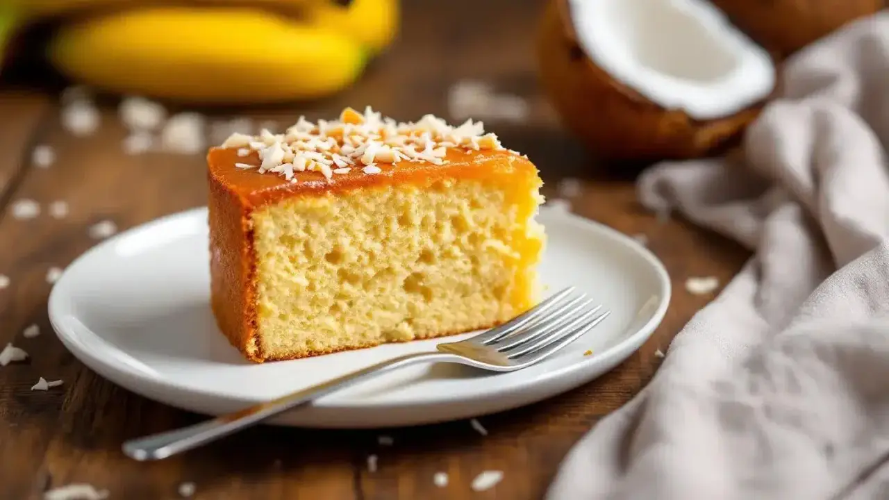 Tranche de banana bread moelleux, nappée de caramel et saupoudrée de noix de coco râpée. Des bananes et une noix de coco sont en arrière-plan.