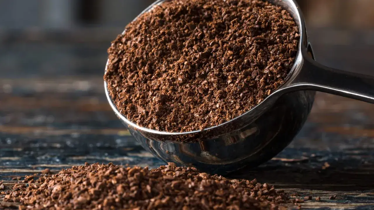 Ein Löffel voller grober Kaffee, bereit für den Morgenkaffee.