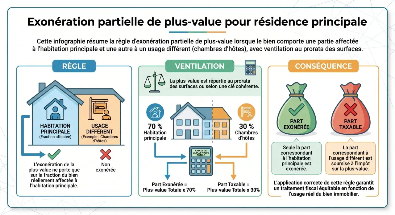 Infographie expliquant l'exonération partielle de plus-value pour une résidence principale avec usage mixte (habitation principale et chambres d'hôtes). La plus-value est calculée au prorata des surfaces.