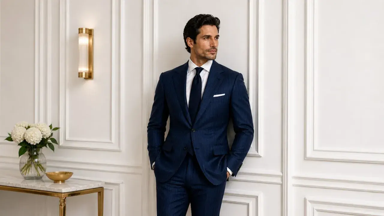A man in a sharp, navy pinstriped tuxedo stands confidently, hands in pockets.