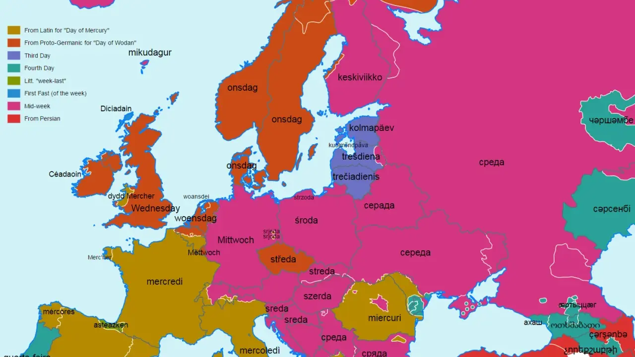 Kto wymyślił dni tygodnia? Mapa pokazuje nazwy środy w Europie: od Merkurego, Wodana, trzeciego dnia tygodnia, środka tygodnia, czy ostatniego dnia postu.