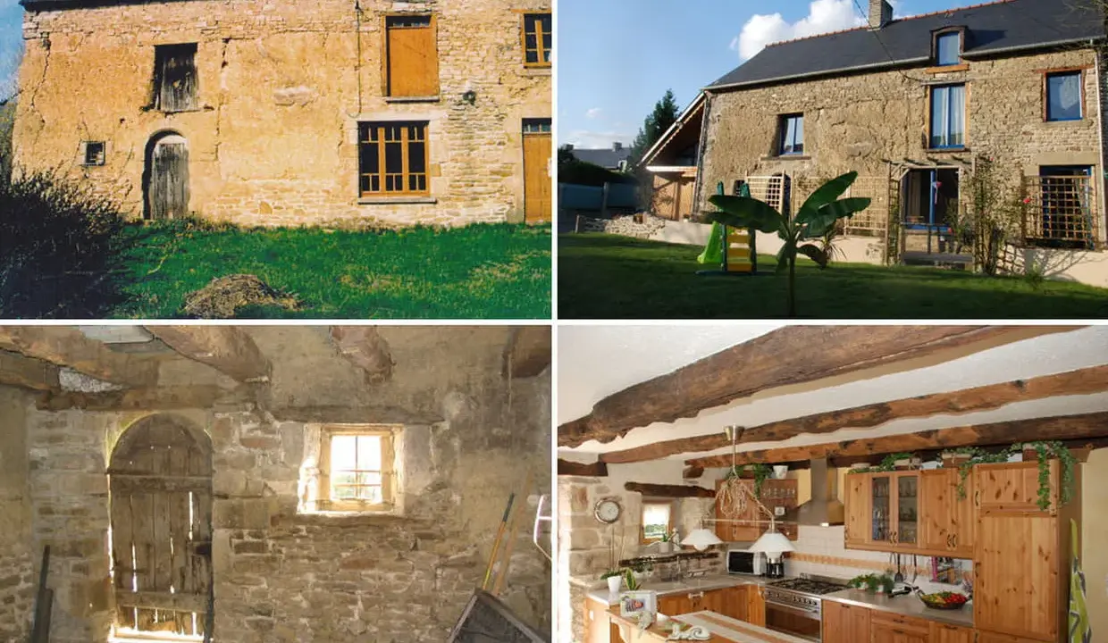 Collage avant/après : maison ancienne délabrée et jardin, puis cuisine rénovée et jardin fleuri.