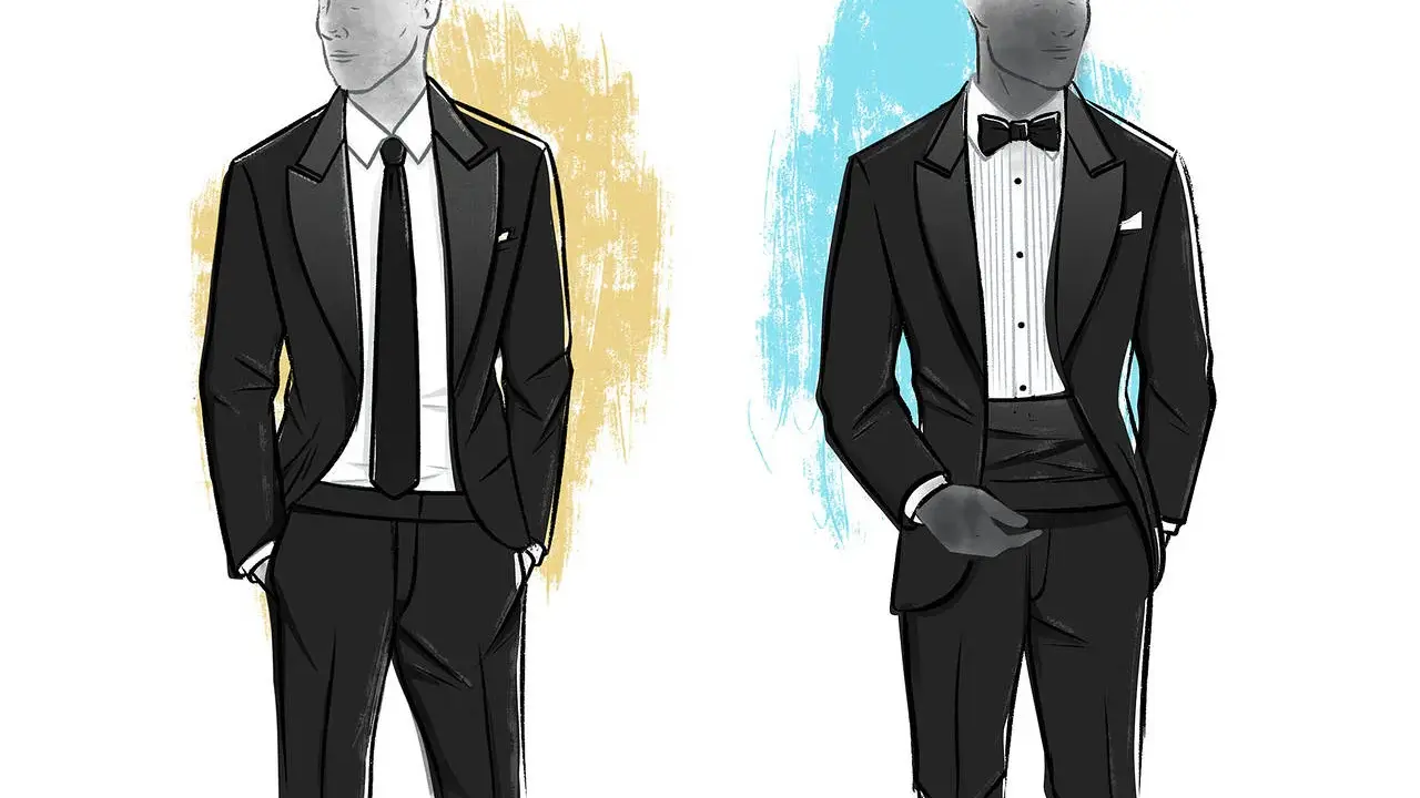 Two figures in tuxedos. One wears a tuxedo with a regular tie, the other a tuxedo with a bow tie and cummerbund.