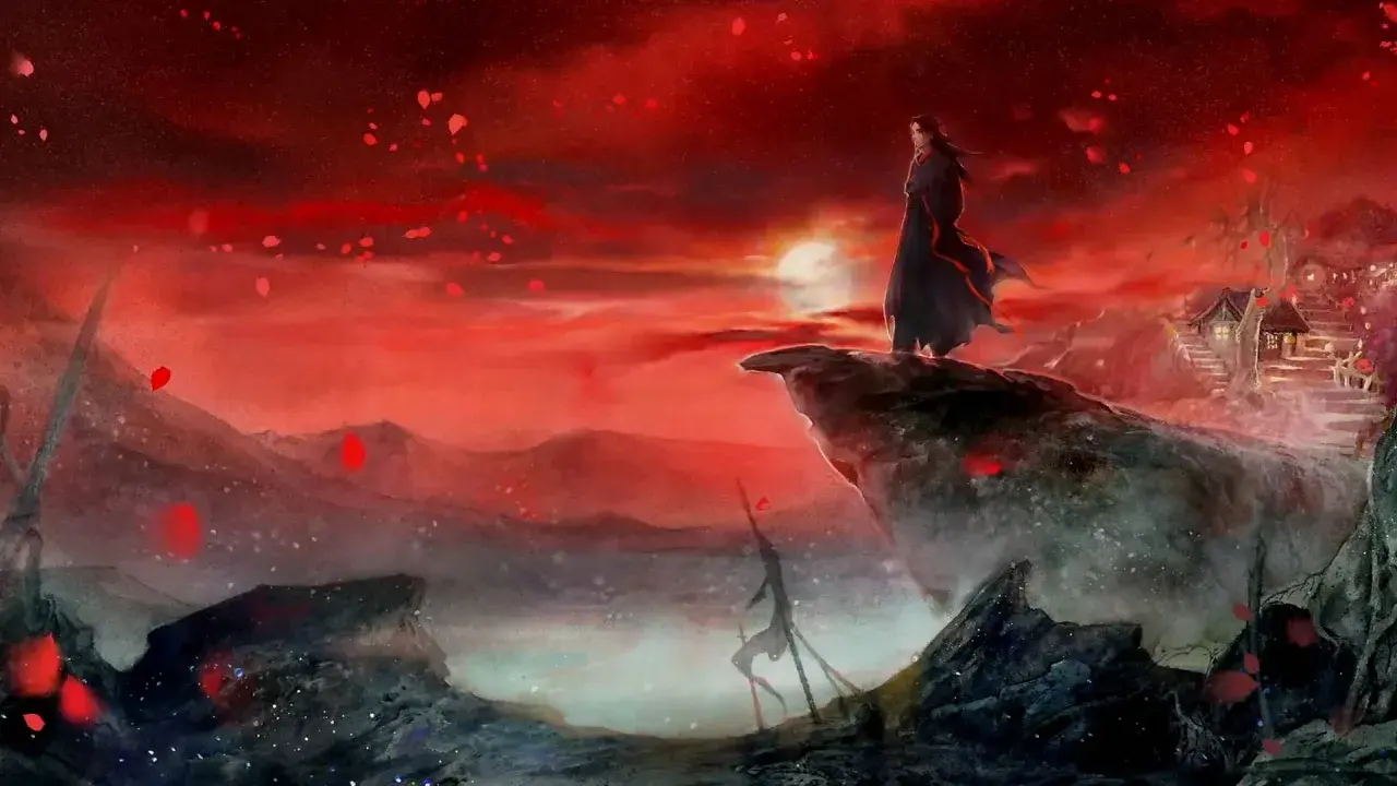 Il gran maestro della scuola demoniaca osserva il tramonto rosso fuoco da una scogliera, petali rossi danzano nell'aria.