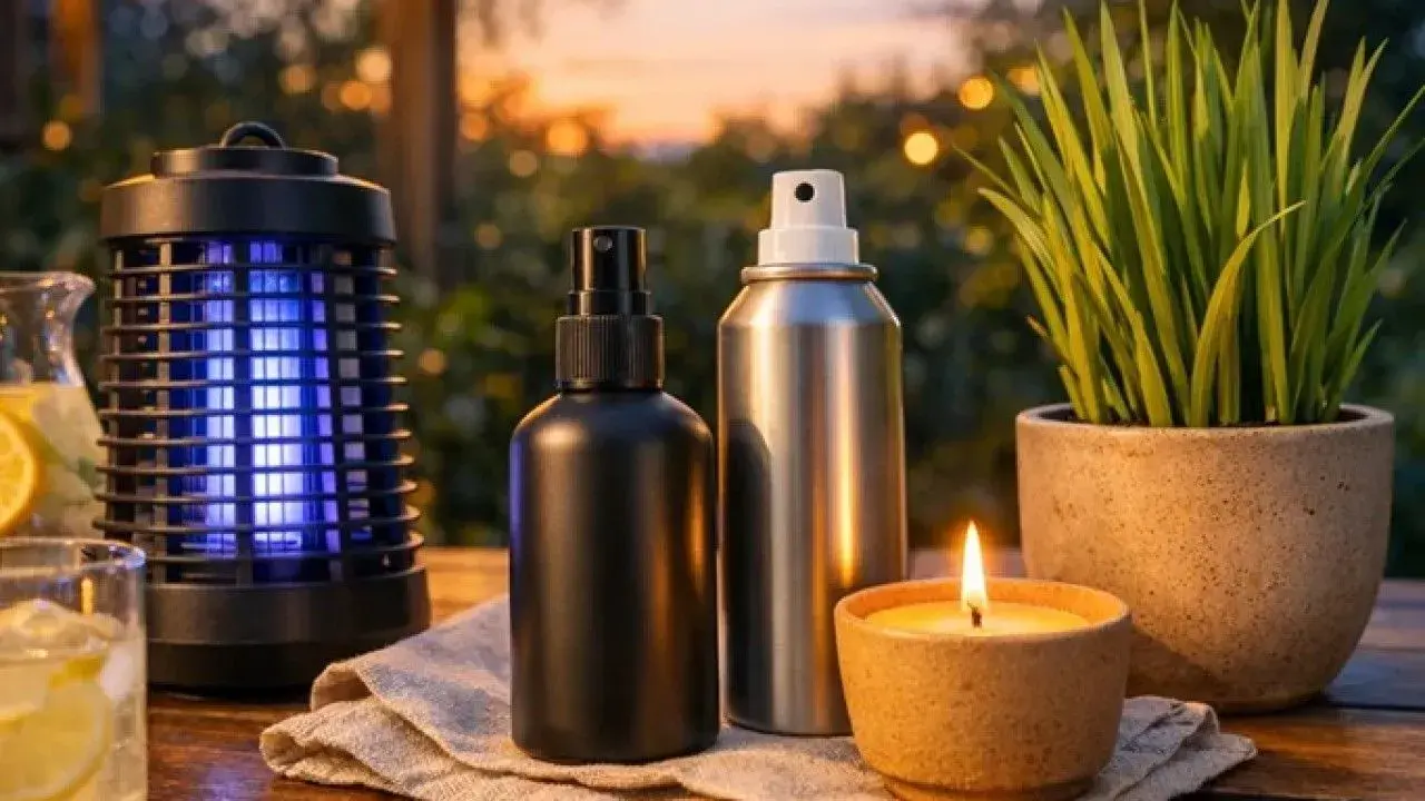 Wieczorny relaks na tarasie: lampa UV, spray, świeca i napój. Skuteczne środki, co odstrasza komary w nocy, zapewniają spokój.