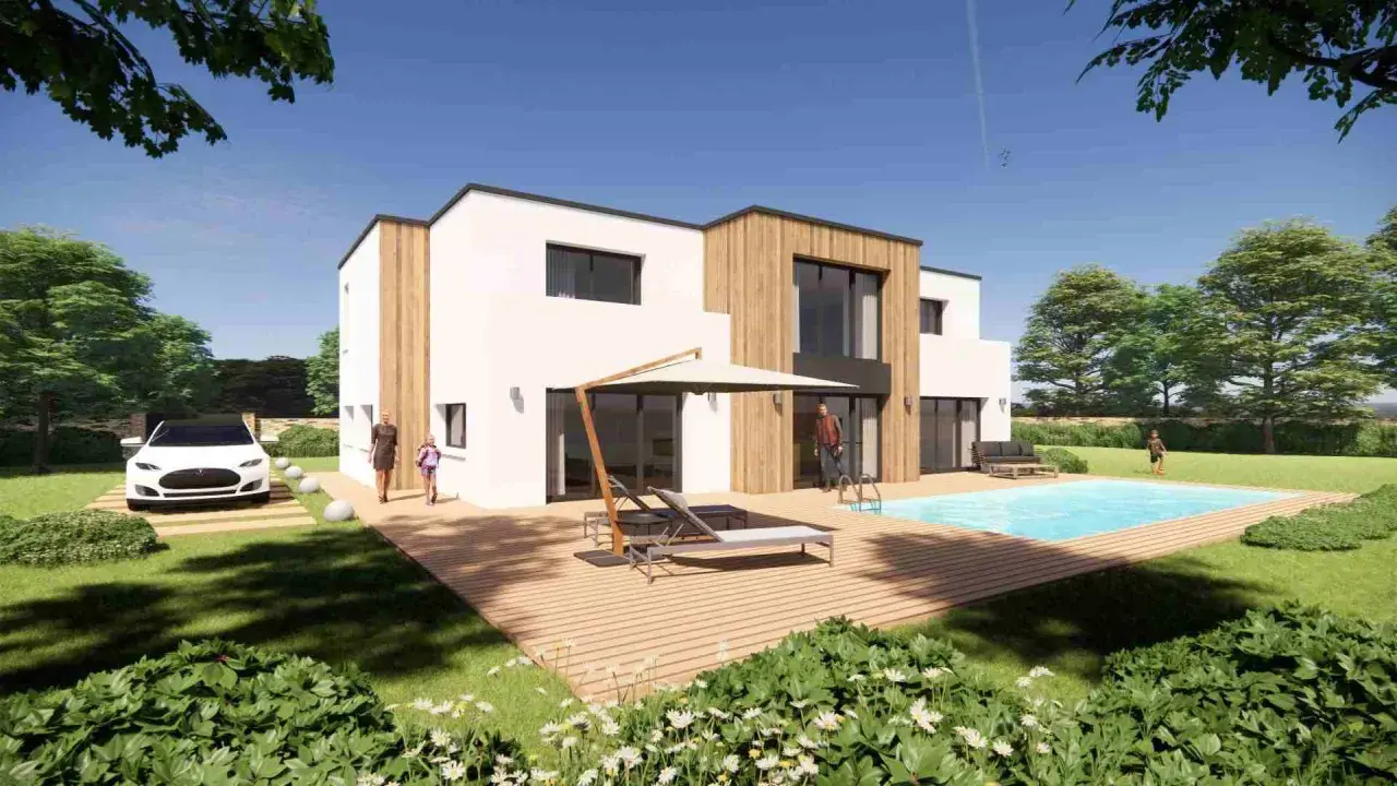 Une famille profite de sa nouvelle maison moderne avec piscine. Le rêve de construire sa propre maison est devenu réalité.