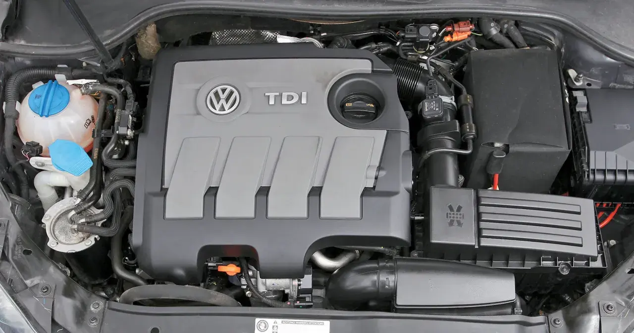 Silnik TDI 1.6. Zastanawiasz się, 1.6 tdi ile oleju potrzebuje? Widok komory silnika VW z widocznym korkiem wlewu oleju.