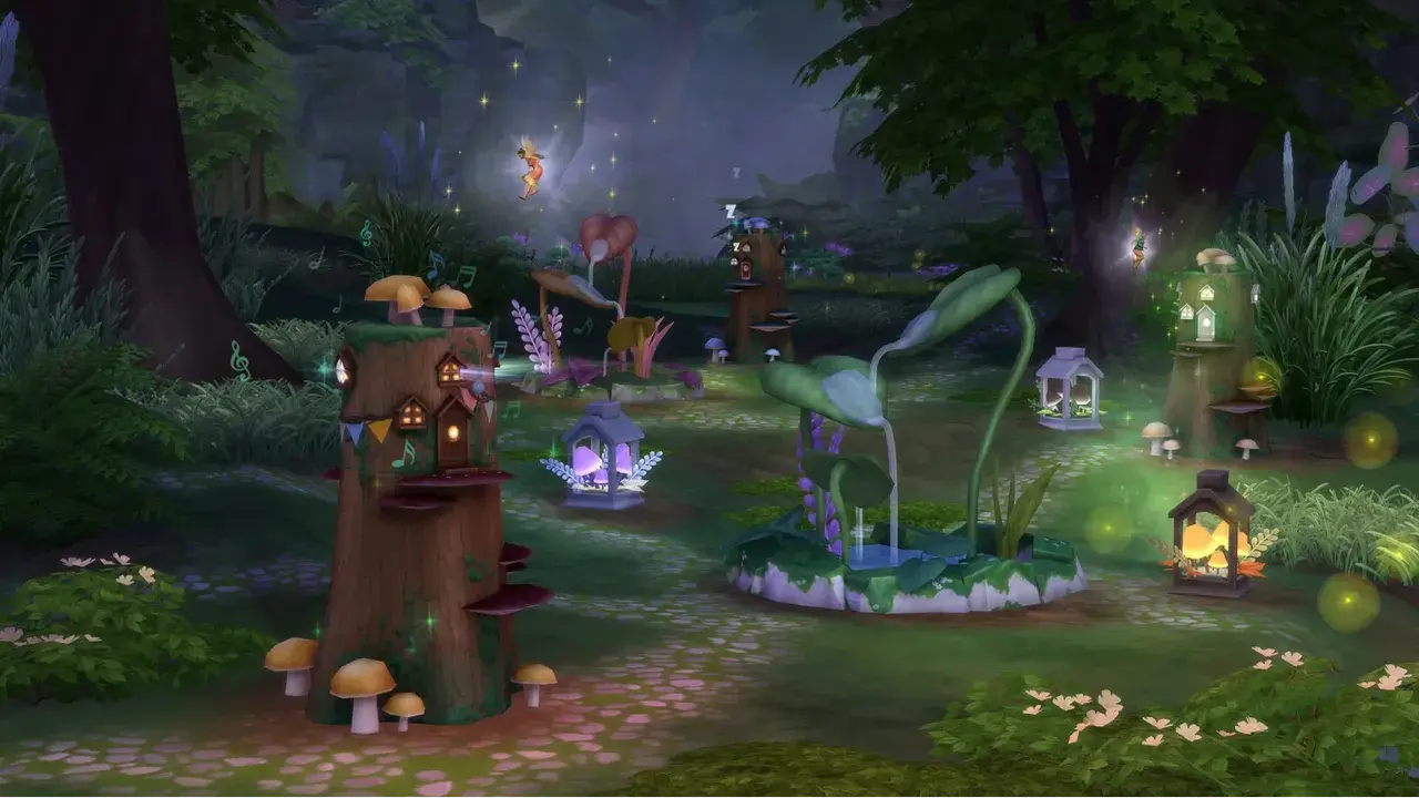 Magiczny las z The Sims 4, pełen fantastycznych roślin, grzybów i wróżek.