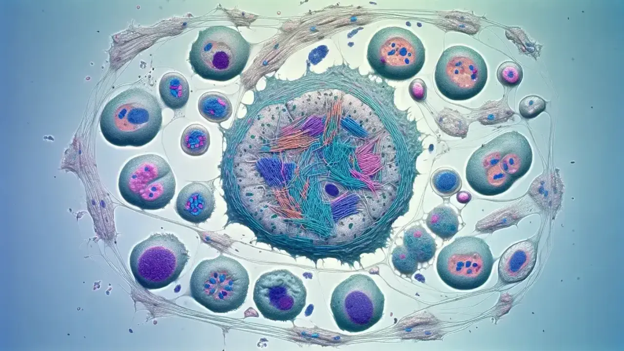 Células en división, algunas con cromosomas visibles, en un proceso que recuerda a la meiosis II.