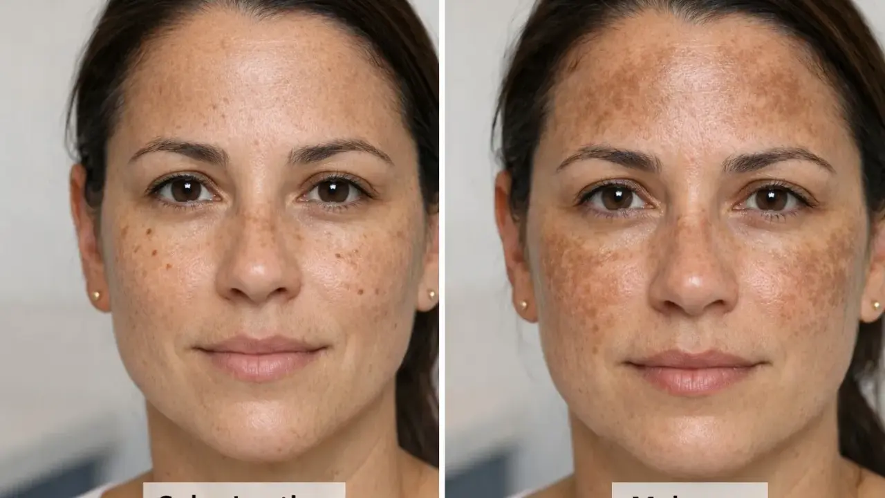 Comparaison de taches de vieillesse : d'un côté, des taches solaires légères, de l'autre, un mélasma plus prononcé.
