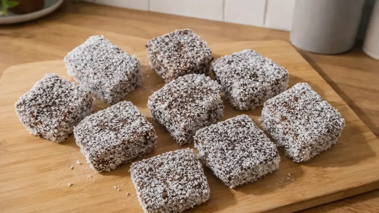 Pyszne kokosanki stary przepis, ułożone na desce. Czekoladowe ciasto oblane wiórkami kokosowymi.
