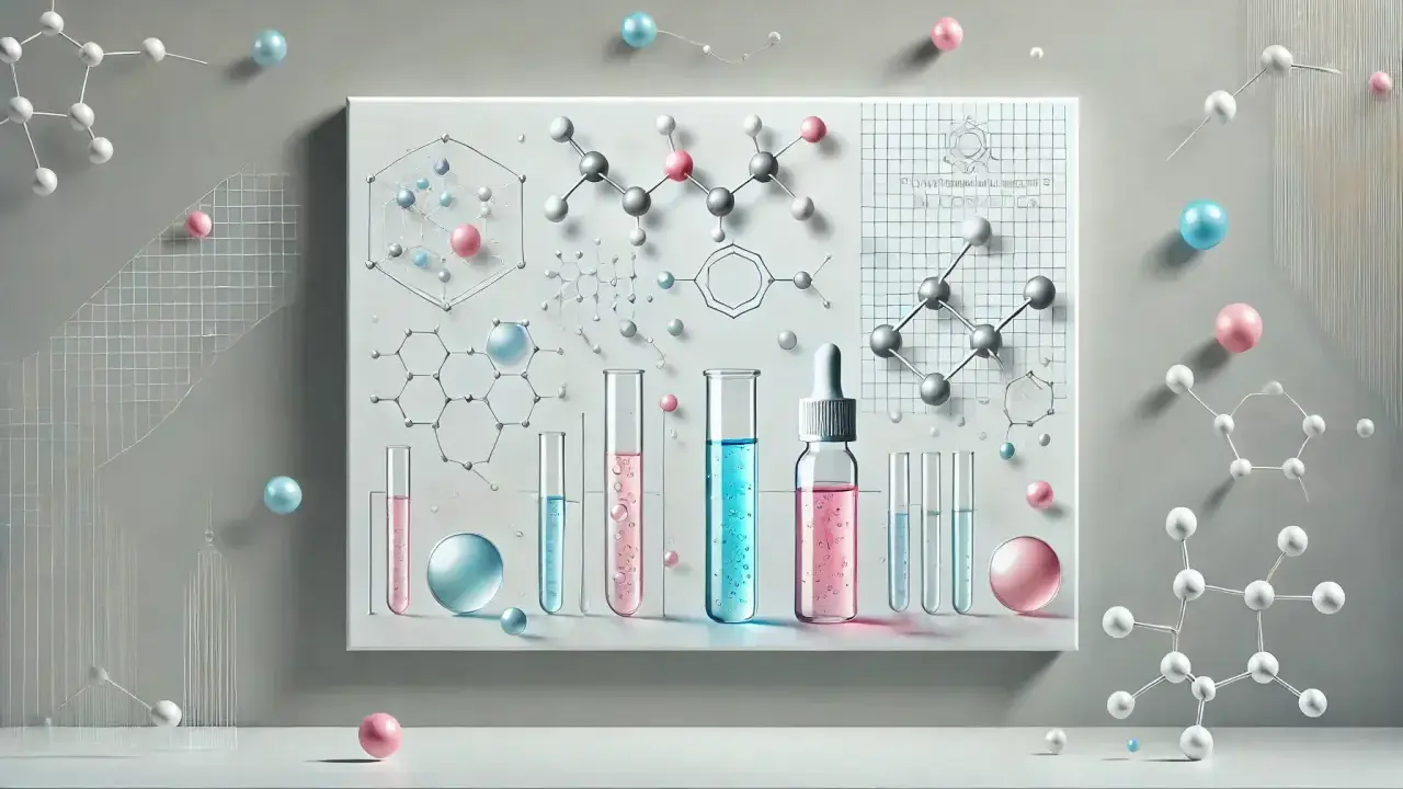 Molecole e provette in un laboratorio. La chimica dietro il significato di antiossidante, con sfere colorate che rappresentano atomi.