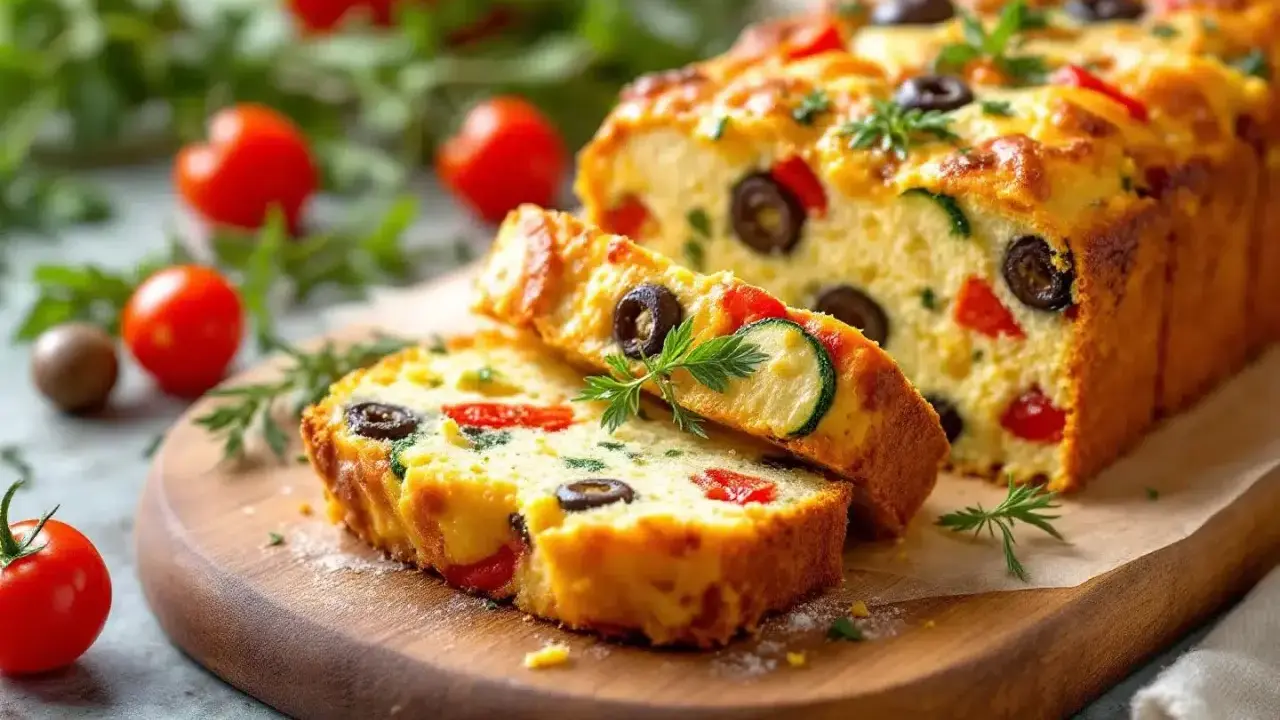 Un délicieux cake salé aux olives, tomates et courgettes, garni d'herbes fraîches, prêt à être dégusté.