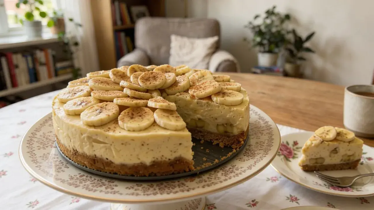 Pyszny sernik z bananami, udekorowany plasterkami owoców i cynamonem, kusi na paterze. Obok kawałek na talerzyku.