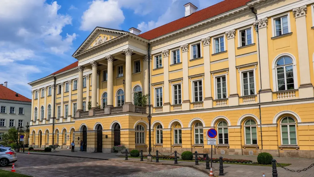 Imponujący żółty budynek z kolumnami, jeden z wielu **uczelni publicznych w Warszawie**.