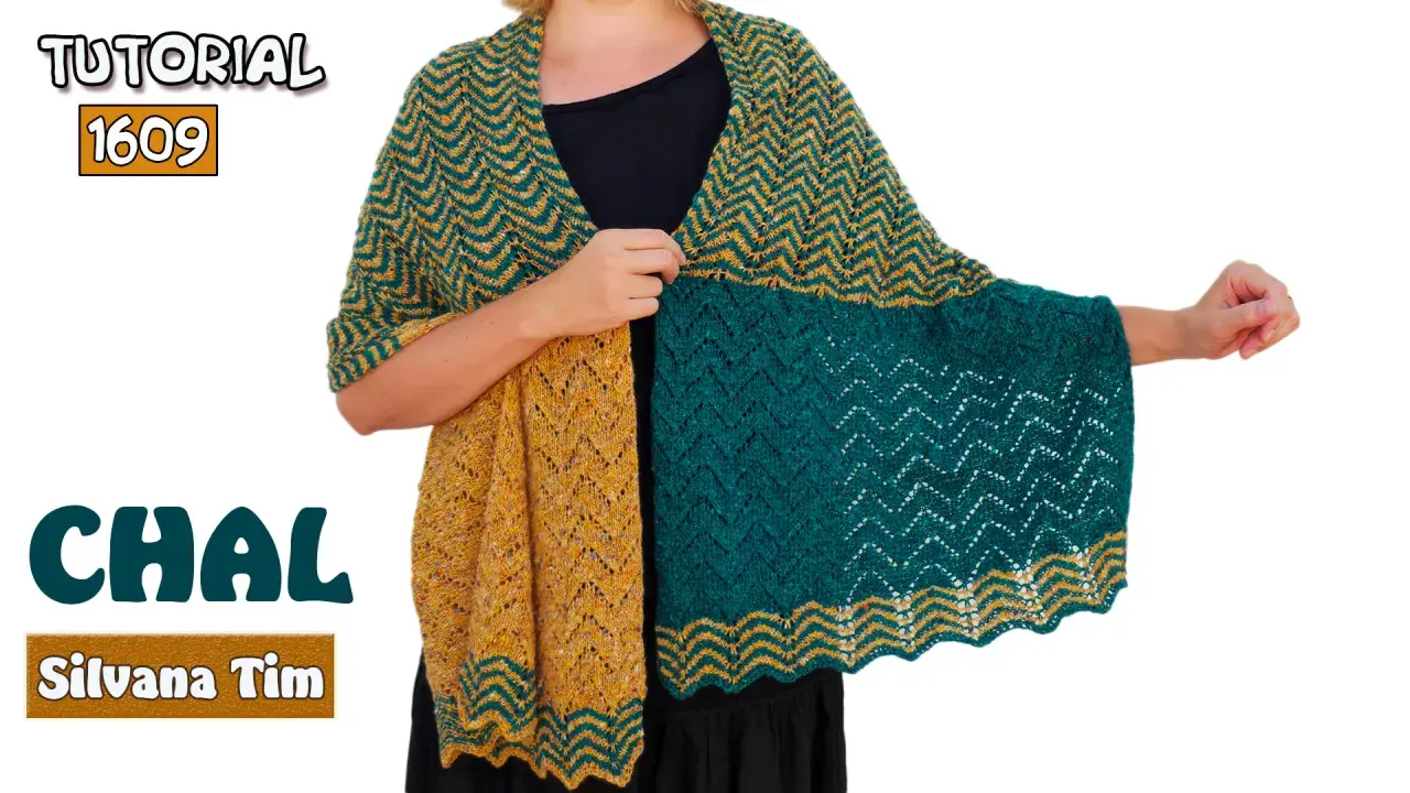 Chal tejido a dos agujas con patrones de zig-zag en amarillo y verde. Tutorial 1609.
