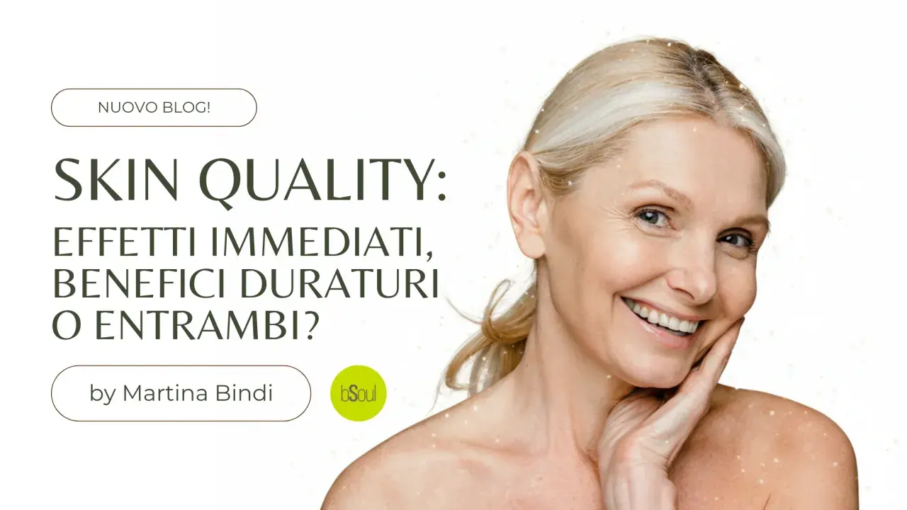Donna sorridente con pelle luminosa, focus sulla qualità della pelle e i suoi benefici duraturi.