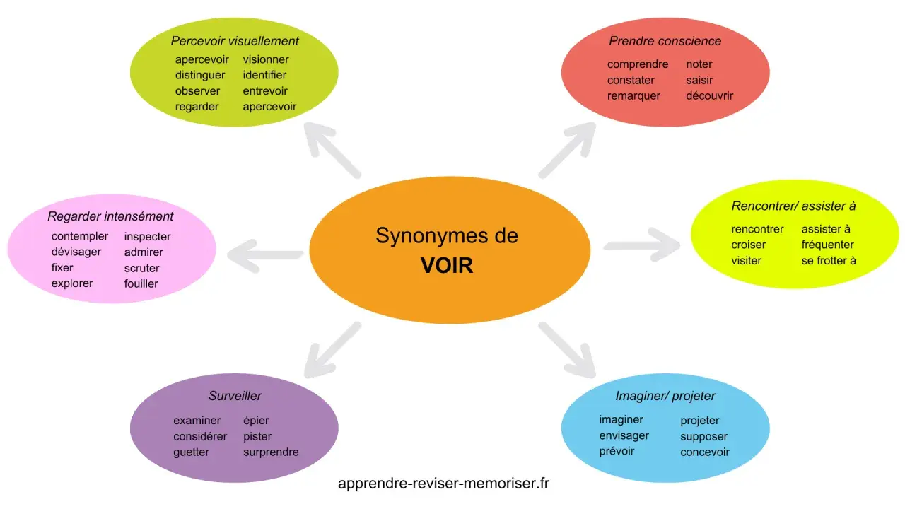 Carte mentale illustrant les synonymes de "voir", classés par nuances : percevoir visuellement, regarder intensément, surveiller, imaginer/projeter, rencontrer/assister à, prendre conscience.