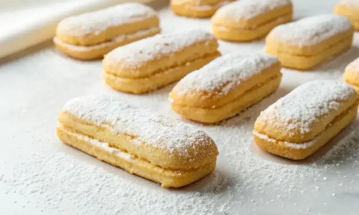 Une rangée de biscuits cuillère saupoudrés de sucre glace, prêts à être dégustés.