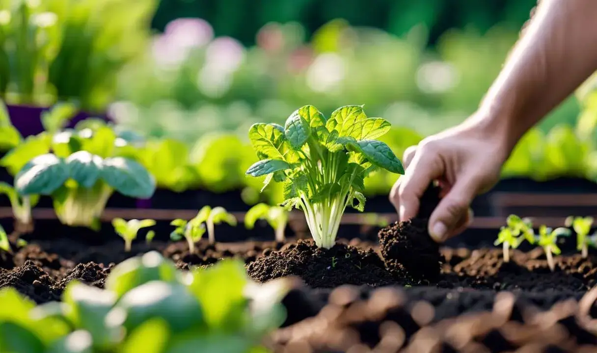 Main verte, une main ajoute de la terre autour d'un jeune plant. C'est le début de la culture, une étape clé pour savoir comment semer la mâche.