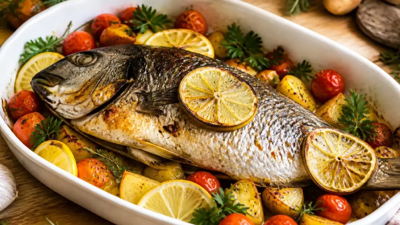 Un plat appétissant de filet de daurade rôti, garni de quartiers de citron, de tomates cerises et de pommes de terre.