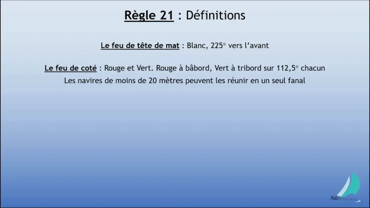 Règle 21 : Définitions des feux et marques des navires. Feu de tête de mât blanc, feux de côté rouge et vert.