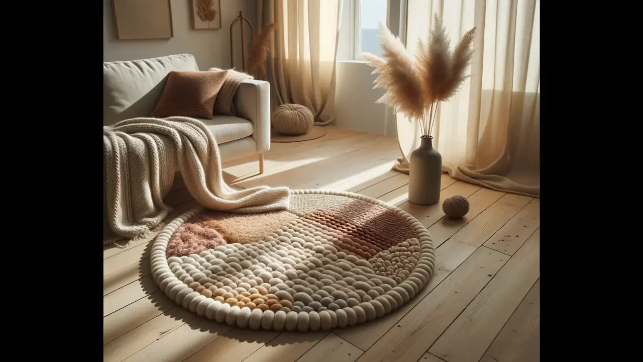 En rund ullmatta med olika texturer och färger ligger på ett trägolv. En stickad pläd ligger över en soffa i bakgrunden.
